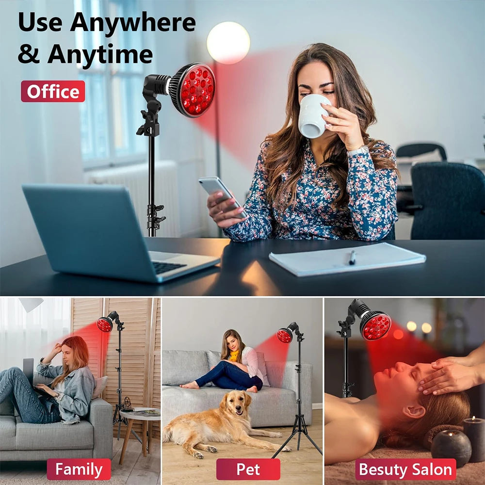 E27 LED Red 54W Light Therapy Lamp 660nm & 850nm Infrared Bulb with Floor Stand for Skin Care Pain Relief 360° Adjustable