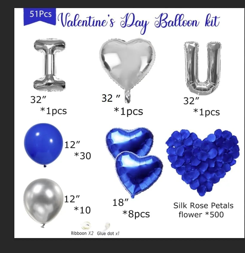 I Love You set Blue Sliver/red balloons kit Include Heart Shaped Balloons and Artificial Rose Petals Kit for Valentines Party