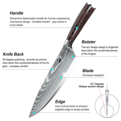 8pcs Kitchen Knife Damascus Stainless Steel Chef Knife Utility Paring Boning Cleaver Slicing Santoku Knives With Nylon Bag
