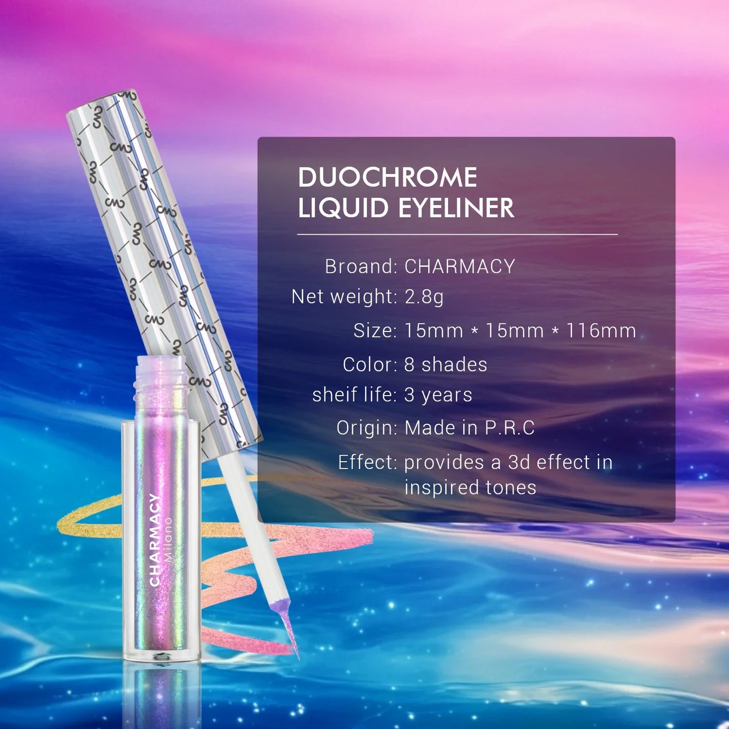 CHARMACY New Color Duochrome Glitter Liquid Eyeliner Waterproof Long-lasting Ultra-Fine Tip Smudge-proof Eye Liner Makeup