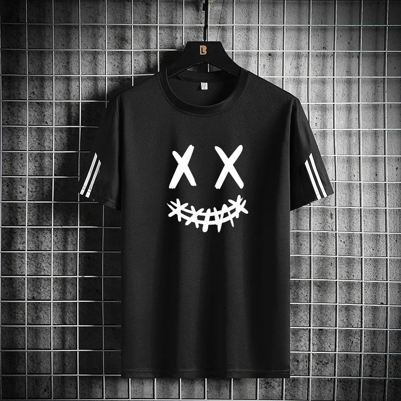 Three bar trendy men's printed sports set with smiling face pattern, mesh breathable round neck T-shirt, two-piece pants set new