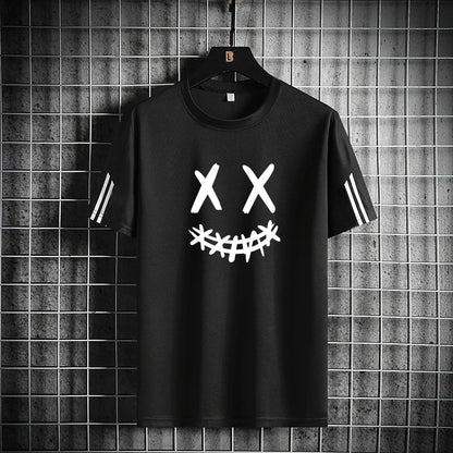 Three bar trendy men's printed sports set with smiling face pattern, mesh breathable round neck T-shirt, two-piece pants set new