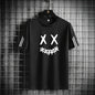 Three bar trendy men's printed sports set with smiling face pattern, mesh breathable round neck T-shirt, two-piece pants set new