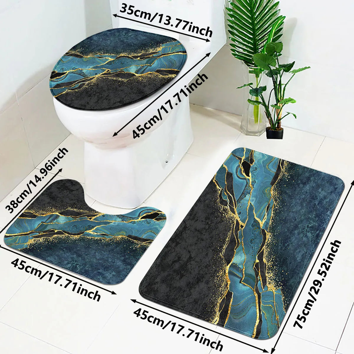 A three piece set of dark green marble pattern can be purchased individually or set together for bathroom carpets