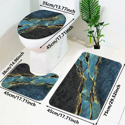 A three piece set of dark green marble pattern can be purchased individually or set together for bathroom carpets
