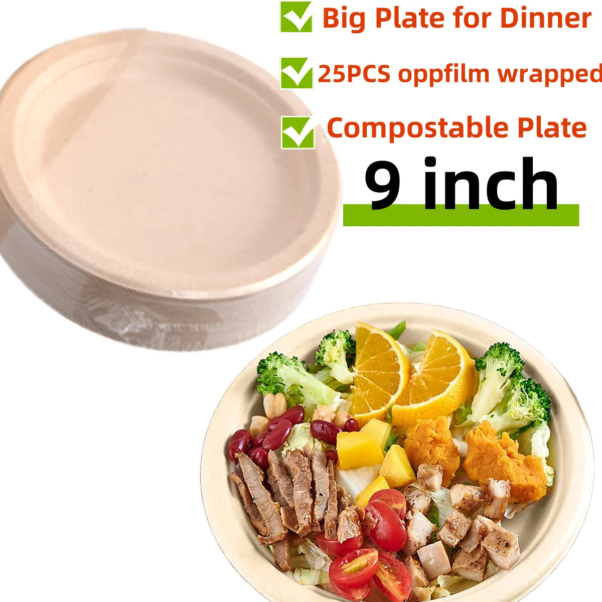 25-50Pack 9&7inch Heavy-Duty Disposable Paper Plates100% Compostable Bagasse Natural Biodegradable Eco-Friendly Sugarcane Plates