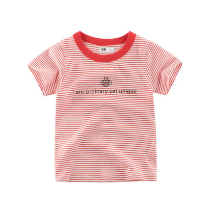 OLEKID 2025 Summer Stripe Children Boys T-shirts Printed Letter 2-8 Years Kids Little Boy Tops Short Sleeve Toddler Tees Clothes