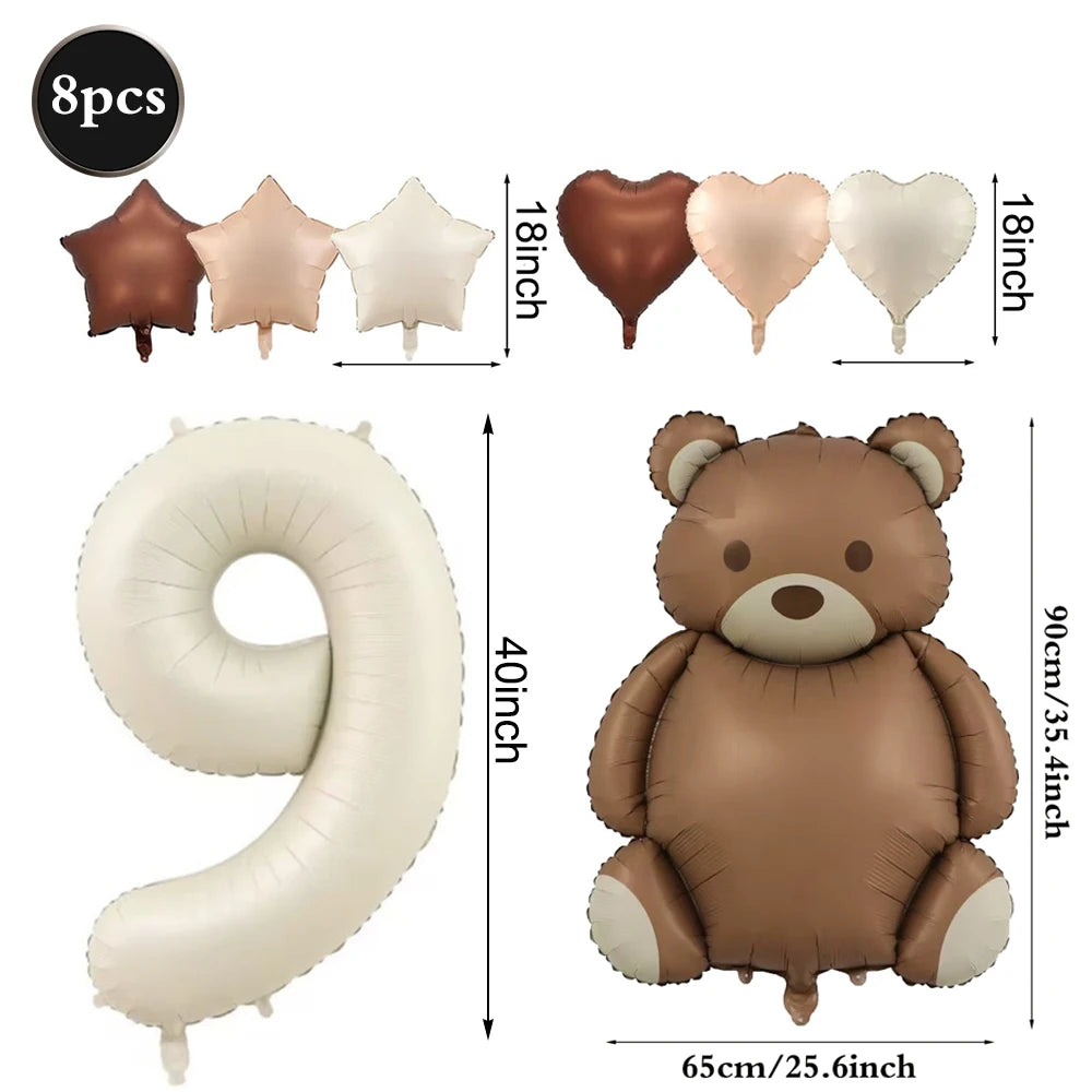 Cute Teddy Bear Party Birthday Number Balloons Large Retro Brown Bear Foil Balloon Set 8 pcs Baby Shower Birthday Party Decor