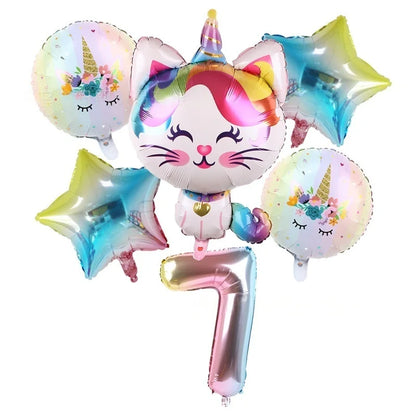 Rainbow Unicorn Cat Gradient Balloon Set (6pcs) – Birthday Party Decorations