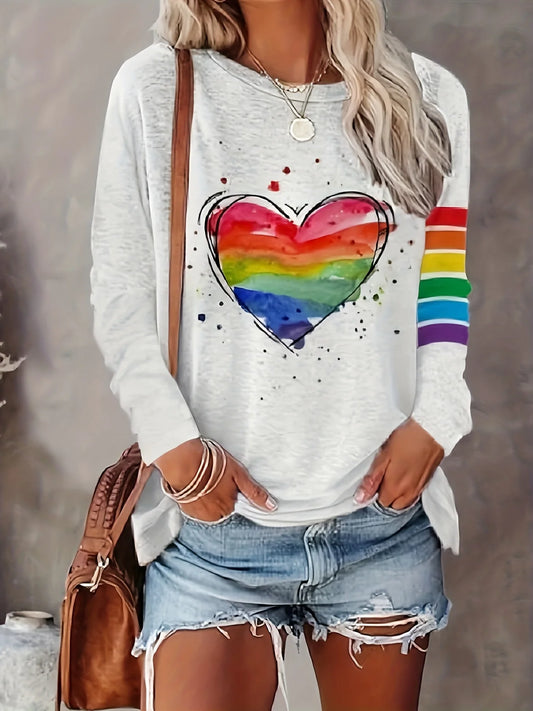 Rainbow Print, Casual Long Sleeve Crew Neck T-shirt