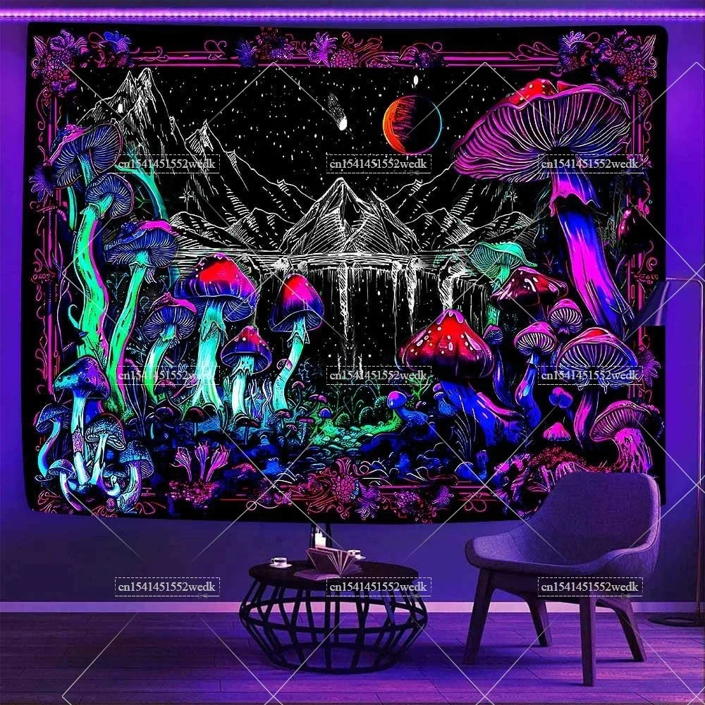 Boho Blacklight Tapestry Colorful Mandala Floral Tapestry Wall Hanging UV Reactive Aesthetic Glow In The Dark Party Backdrops