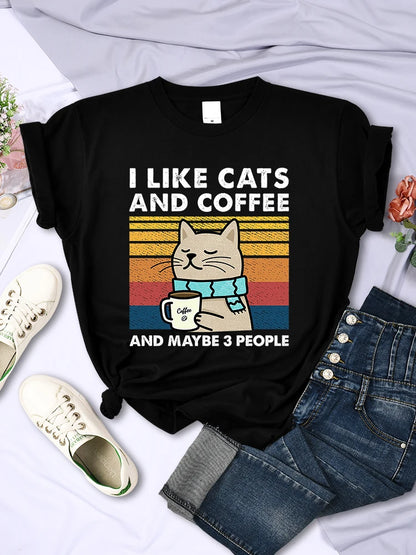 Women's I Like Cats And Coffee Printed T Shirt   Casual Short Sleeve Breathable