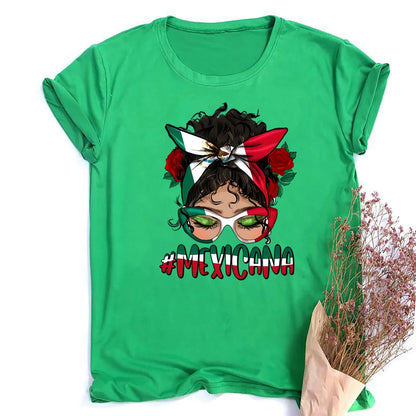 Mexicana Printed Women Top Women's Mexican Flag Pattern Casual T-shirt Summer Round Neck Short Sleeve Shirts Outfits