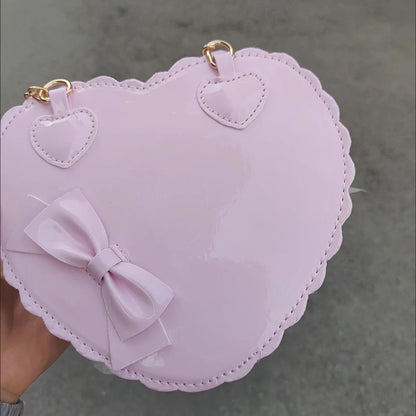 PU Heart Lolita Shoulder Bag – Bowknot Decor Japanese Shell Purse in Two Sizes, Cute Pink Messenger Bag