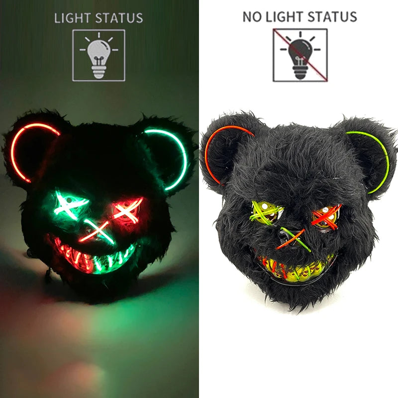 LED Glowing Cosplay Bloody Rabbit Mask Halloween Scary Killer Bloody Bunny Bear Headgear Carnival Masquerade Horror Costume Prop