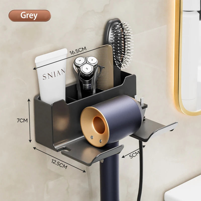 Wall mounted non perforated hair dryer storage rack