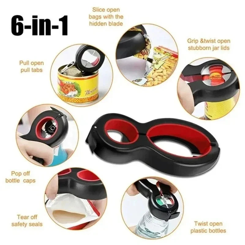 Multifunctional  6 in 1 Can Opener Simple Beer Bottle Opener Jar Gripper Can Beer Lid Twist Off Opener