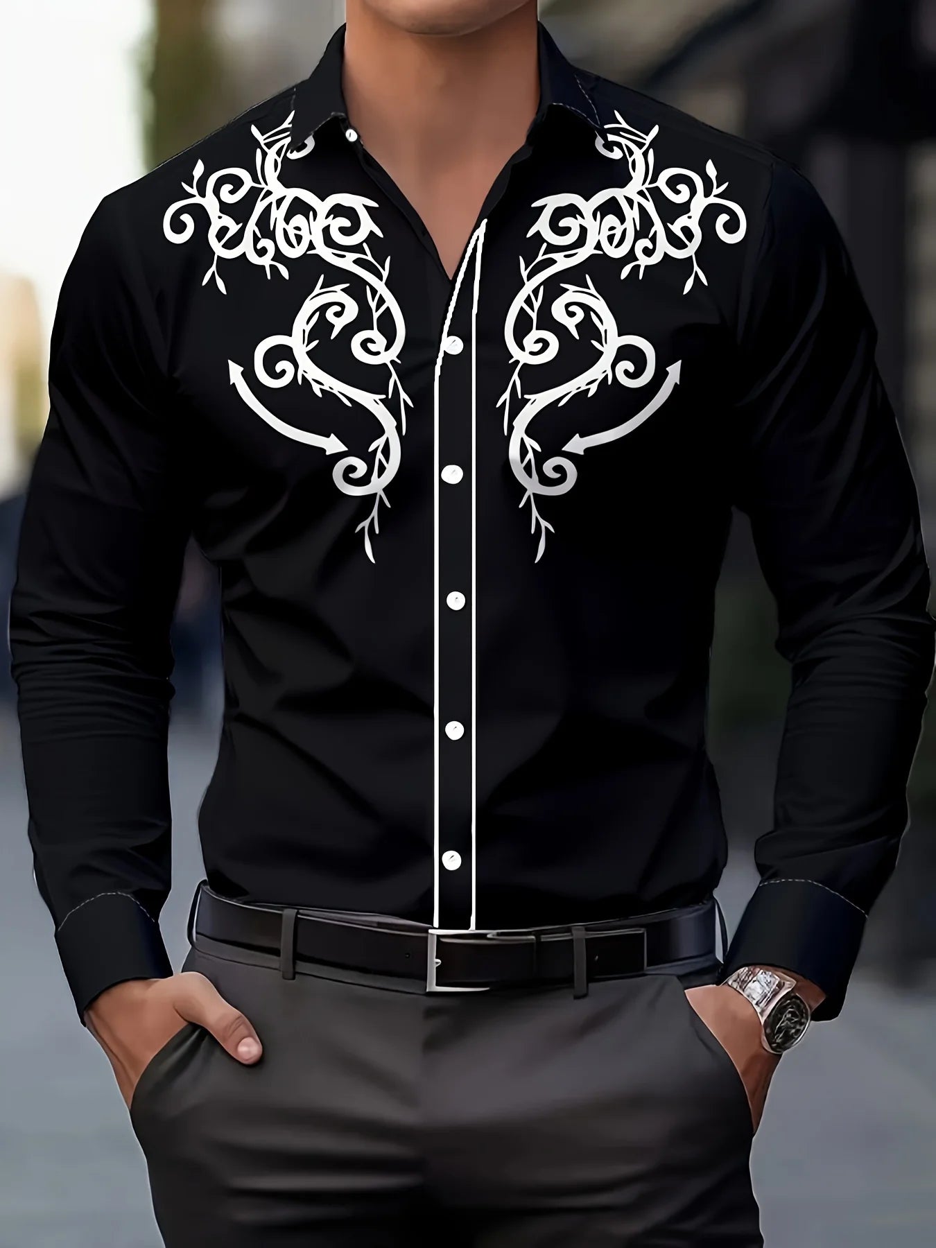 Men’s Printed Long Sleeve Button‑Down – Regular Fit Casual Shirt