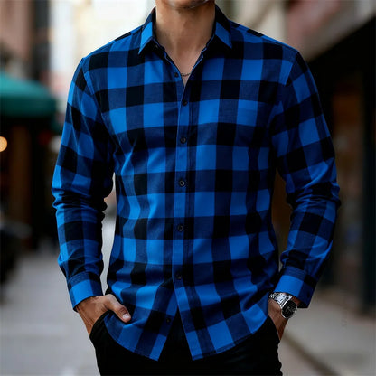 Men's classic red and black plaid long-sleeved shirt casual retro