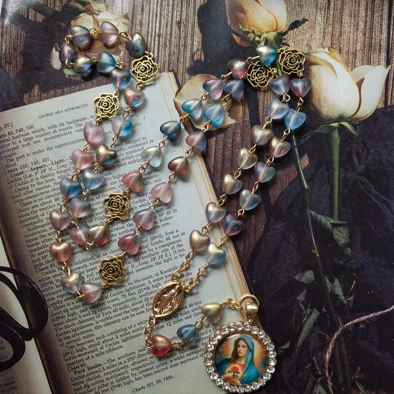 QIGO Acrylic Heart Rosary Long Glass Sacred of Mary Pendant Necklace For Women Religious Jewelry