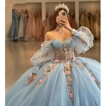 Light Blue Lace Quinceañera Ball Gown by Bomaris – Long Sleeves, Custom Princess 15 Años Dress