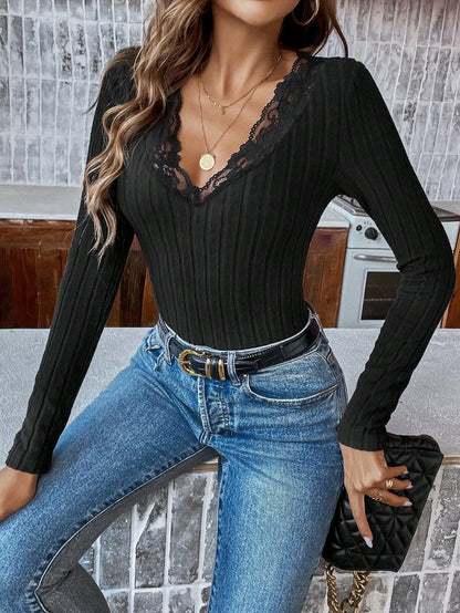 Womens Lace Edge Deep V-neck Long Sleeve Slim Mid-length Base Bodysuit