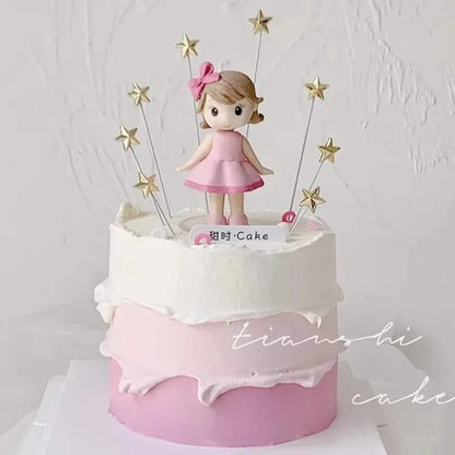Princess Cake Topper Beautiful Girl with Bow Stars for Happy 1st Birthday Party Cake Decoration Baby Shower Party Supplies