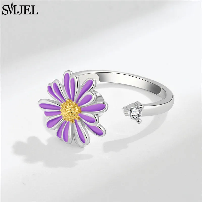 Korean Fashion Daisy Spinner Fidget Ring Multiple Style Sunflower Rose Snowflake Rotate Freely Anti Stress Anxiety Rings Wedding