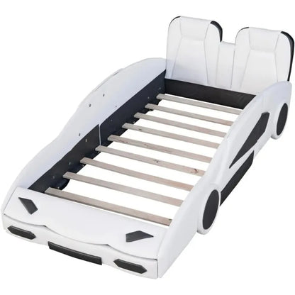 Twin Size Boys Car Bed,Race Car-Shaped Platform Wooden Bedframe  ,Slat Support,Toy Furniture for  Child's Bedroom,White