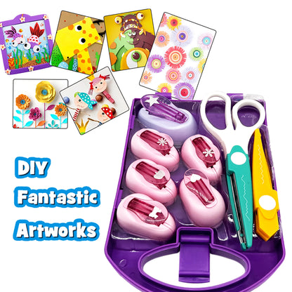 8 Pack Decorative Craft Punch Set, Lever Operated Hole Punches Combined with Craft Scissors, Multipurpose Paper Craft Tools for Confetti, Card Making, DIY Art and Festival Gifts