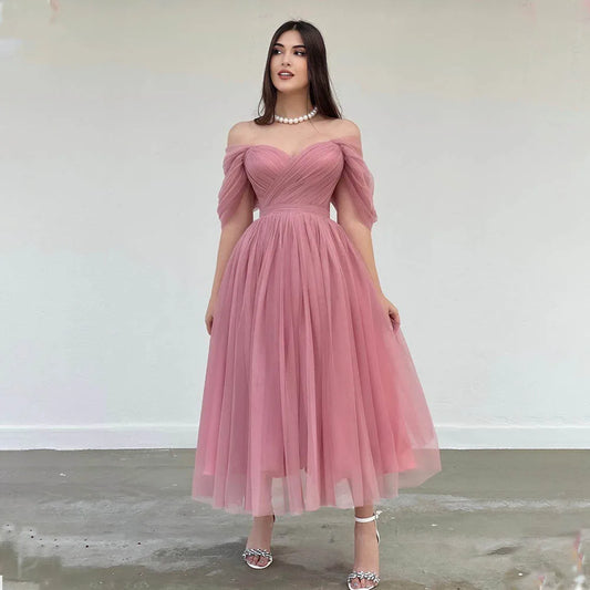 Dusty Pink Off The Shoulder Pleat Sweethart  Tulle A Line Prom Dresses Custom Made Formal Bridal Grown 2024 Homecoming Wear