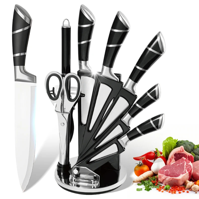 9‑Piece Stainless Steel Kitchen Knife Set – Sharp Non‑Stick Coated Chef Knives with Sharpener