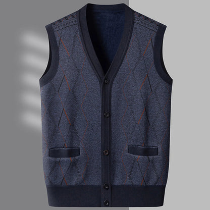 Men'S Autumn And Winter Middle Thickened Knit Vest Plus Fleece Fashion Printed Loose V Neck Cardigan Sweatercoat For Men Trendy