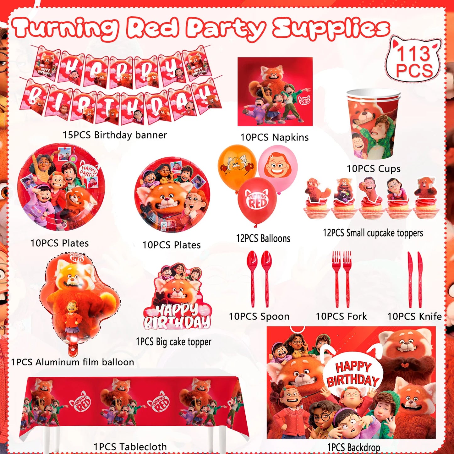 Turning Red Party Supplies – 113‑Piece Decoration Set (Plates, Tablecloth, Balloons & More)