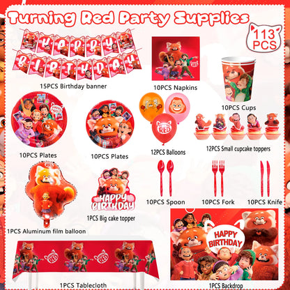 Turning Red Party Supplies – 113‑Piece Decoration Set (Plates, Tablecloth, Balloons & More)