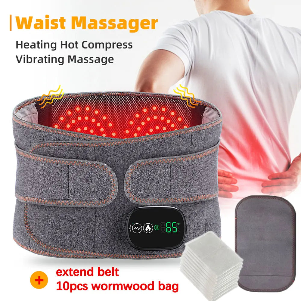 Waist massager with heating hot compress and vibrating massage功能, shown with a person using it.