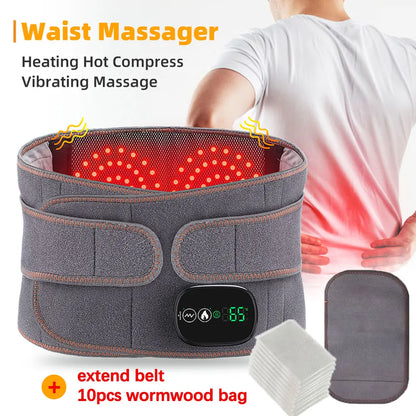 Waist massager with heating hot compress and vibrating massage功能, shown with a person using it.