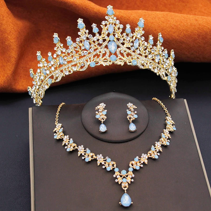 Elegant Party Birthday Bridal Wedding Crown Tiaras and Necklace Earrings 3 pcs Sets