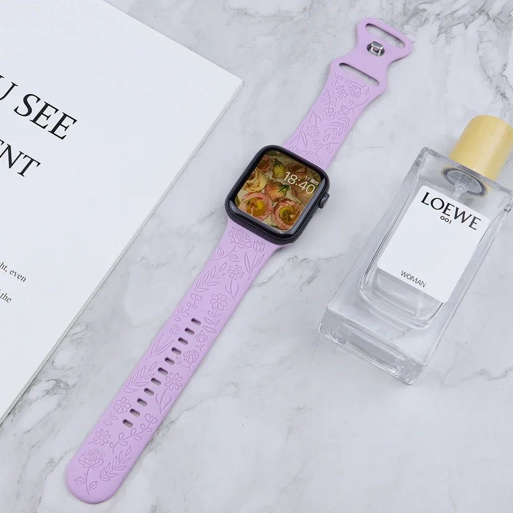 Engraved Strap for Apple Watch Ultra Band 2 49mm 45mm 44MM 38 40mm 41mm Floral Bracelet Fashion IWatch Series 9/8/7/6/5/4/3/se