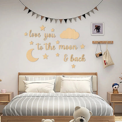 18-Piece Wooden Wall Stickers with the Phrase "Love You to the Moon," Children's Room Star and Moon Cloud Decoration Set, Nordic Style Wooden Star and Moon Letter Wall Decor, Cozy Love Message Soft Decoration for Baby Room, B