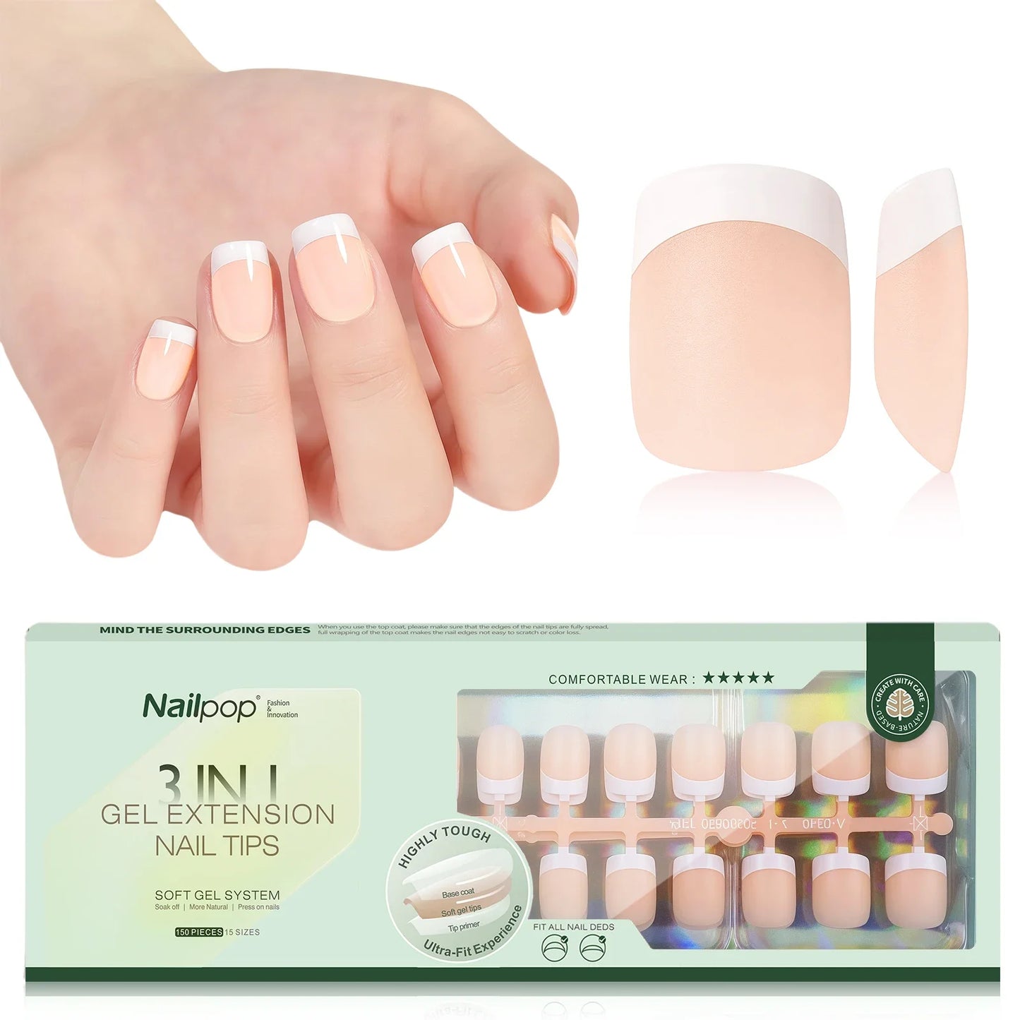150PCS Short Coffin Press on Nails 3 in 1 Coat Soft Gel Nail Tips French Tip 15 Sizes