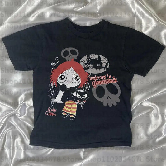 Harajuku Goth Short Sleeve Y2K Style Letter Print Fairy Grunge Summer E-girl White Crop Top Slim 2000s Star Streetwear T-shirts