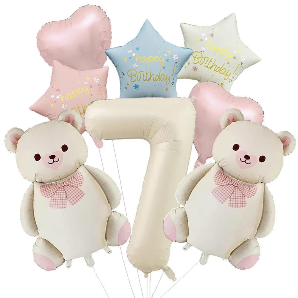 Cute Teddy Bear Party Birthday Number Balloons Large Retro Brown Bear Foil Balloon Set 8 pcs Baby Shower Birthday Party Decor
