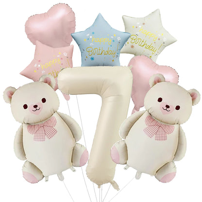 Cute Teddy Bear Party Birthday Number Balloons Large Retro Brown Bear Foil Balloon Set 8 pcs Baby Shower Birthday Party Decor