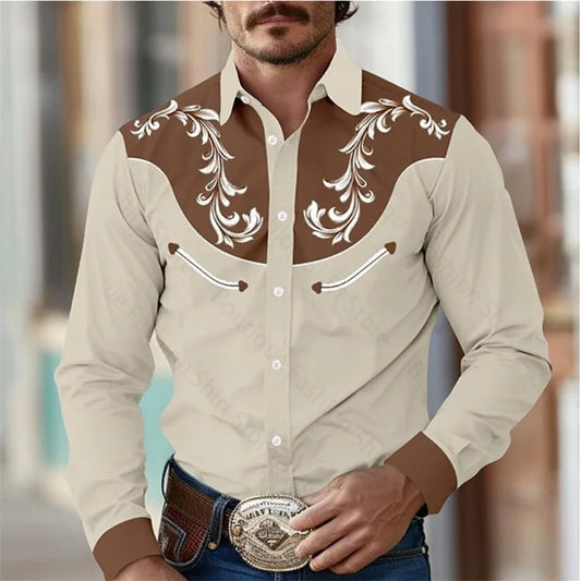 Men’s Retro Western Shirt – Long Sleeve Stretch Top (S–5XL)