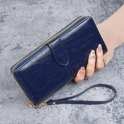 Hot selling cross-border oil wax zipper wallet for women, European and American retro card bag, large capacity mobile phone bag,