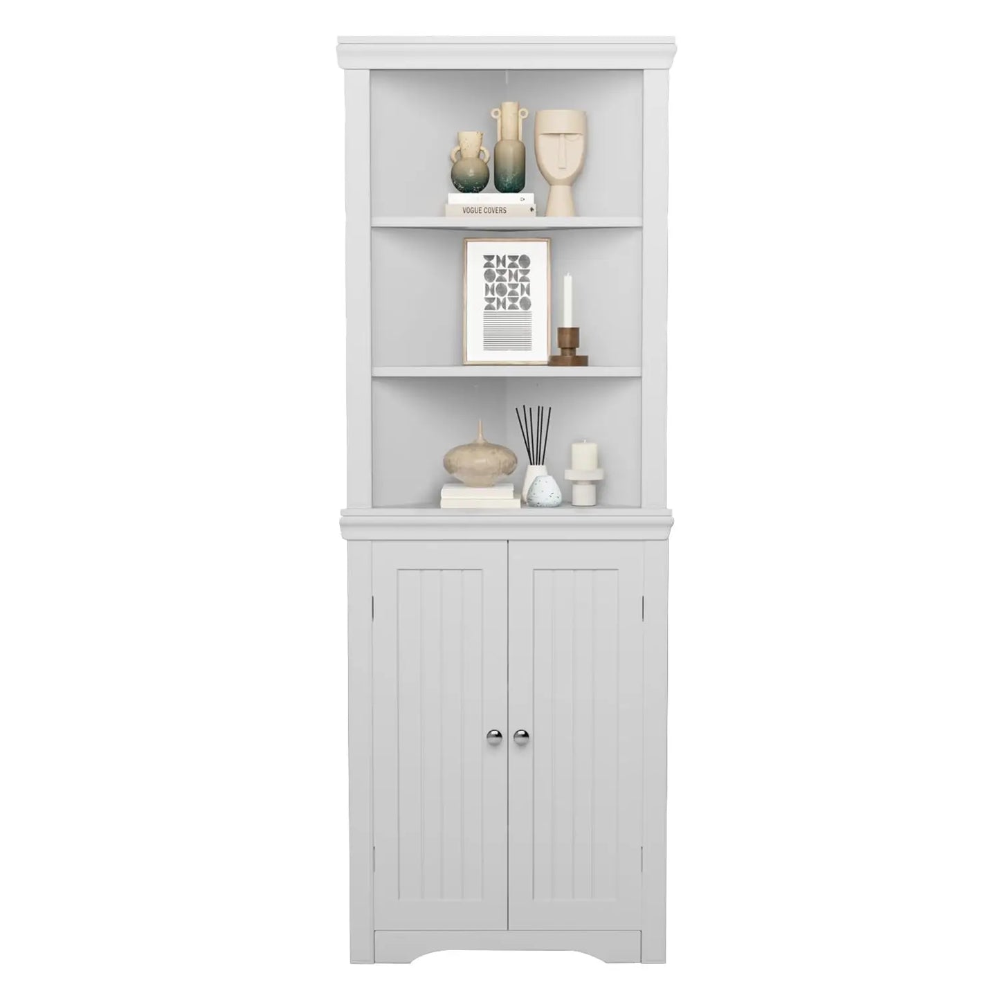 Corner Storage Cabinet 2 Door 3 Tier Shelves Freestanding Bathroom Living Room Bedroom Kitchen White, Customized
