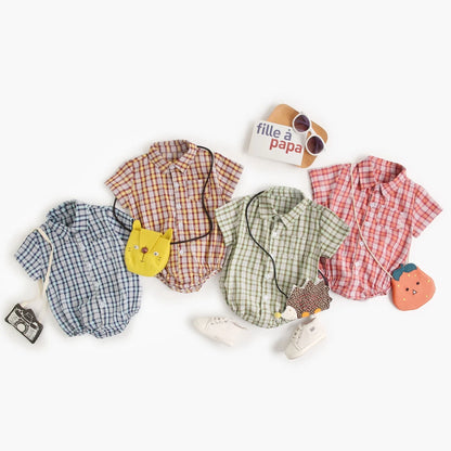 Baby Boys Bodysuits Short Sleeve Plaid Cotton
