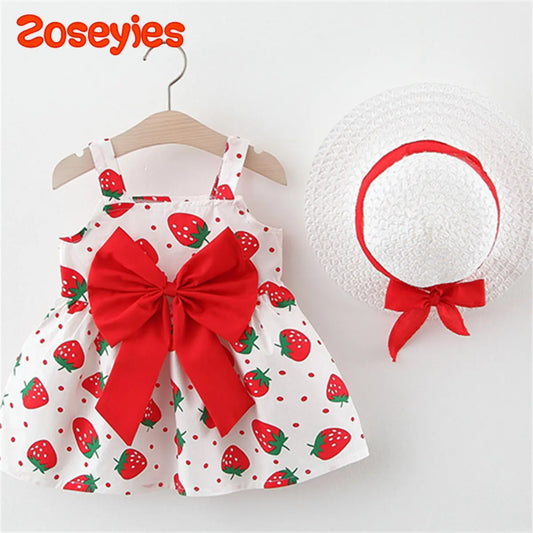 Baby Girl's Dress Small Round Dot Strawberry Print Chest Bow with Hat