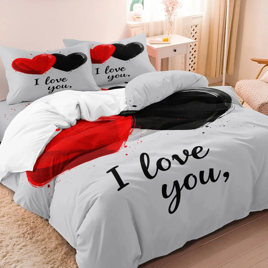 3pcs Set Valentine'S Day Romantic Couple 3d Heart Design Duvet Cover Set, Featuring Abstract Patterns Suitable For All Seasons